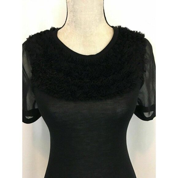 Robbi Nikki Womens Solid Black Short Sleeve Ruffle Sheer Top Viscose Xs - Picture 2 of 6